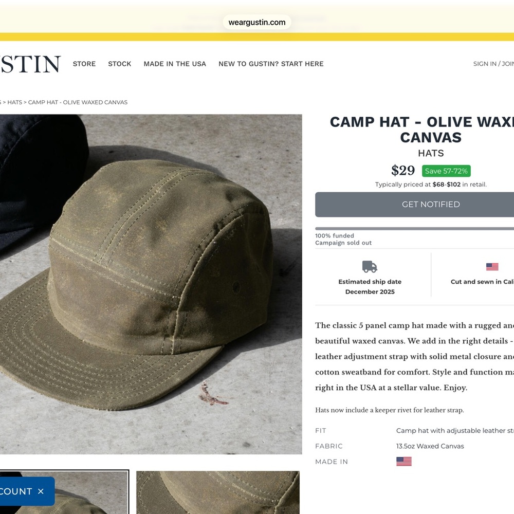 Gustin waxed cavas 5 panel 🧢